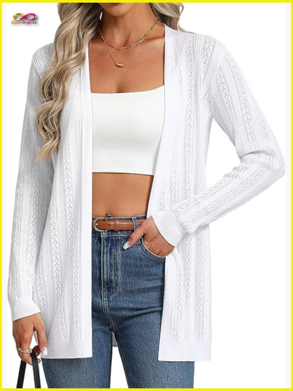 V-Neck Open Front Crochet Cardigan Lightweight Long Sleeve Oversized Fit